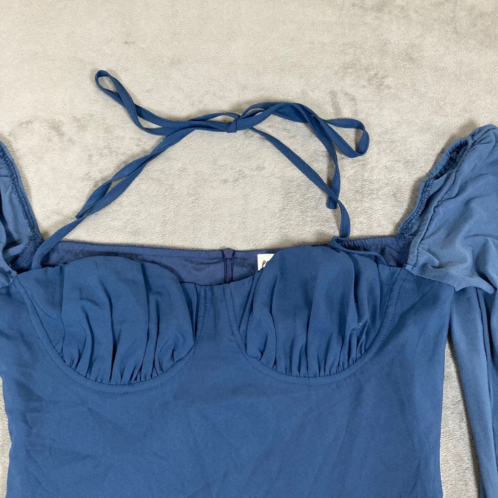 Princess Polly Blue Mini Dress Long Mesh Sleeves Halter Tie Bustier US 4 - Picture 2 of 8